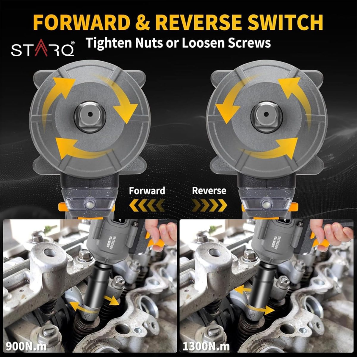 STARQ Heavy Duty 21V Cordless Impact Wrench with 2 Batteries | 2 Variable Speed | Build-In LED Lights | Forward & ReverseSwitch | Yellow - Image 4