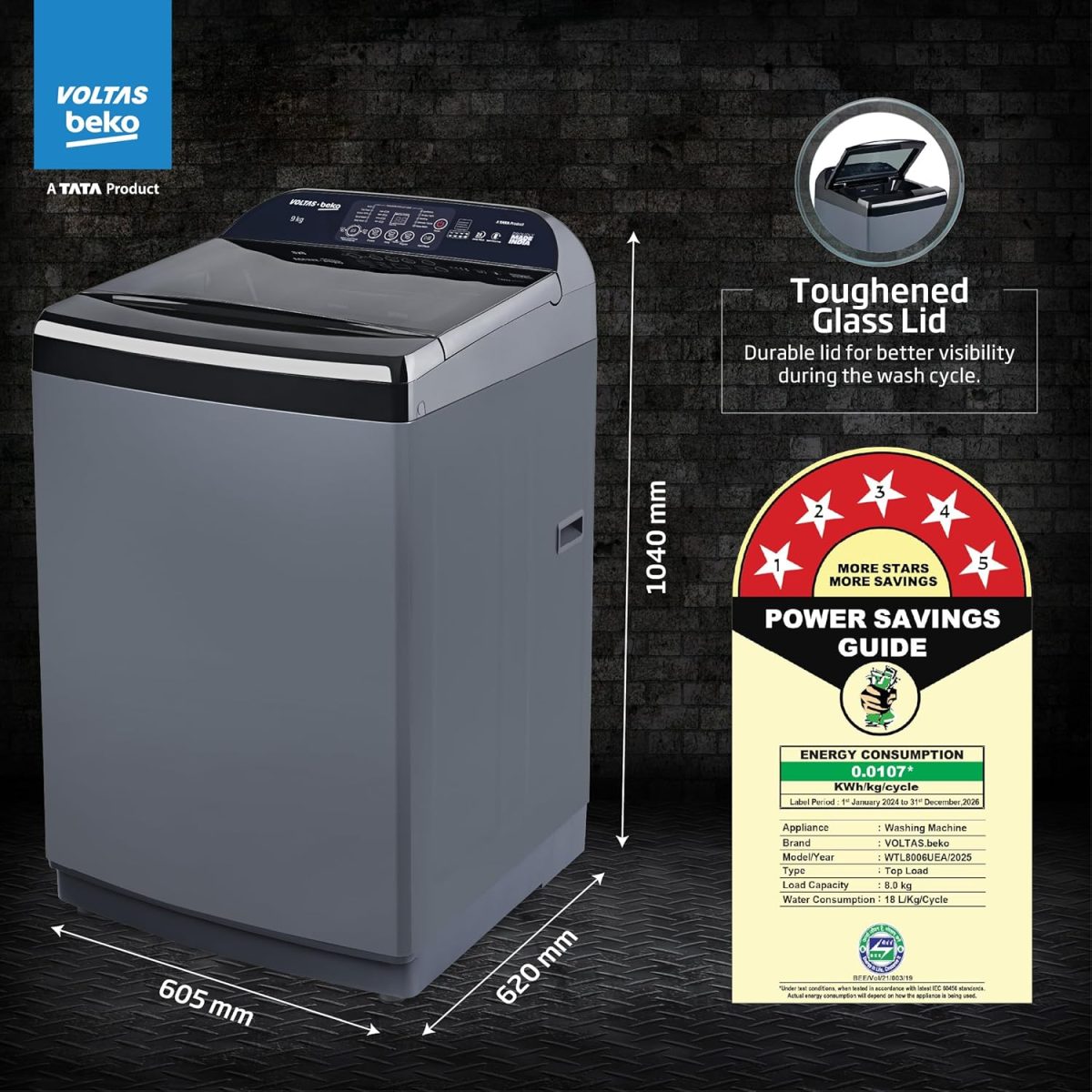 Voltas Beko, A Tata Product 9 Kg 5 Star Fully-Automatic Top Loading Washing Machine (2025 Model, WTL9006UEA / OBS1060, Grey, Double Waterfall Technology) - Image 3