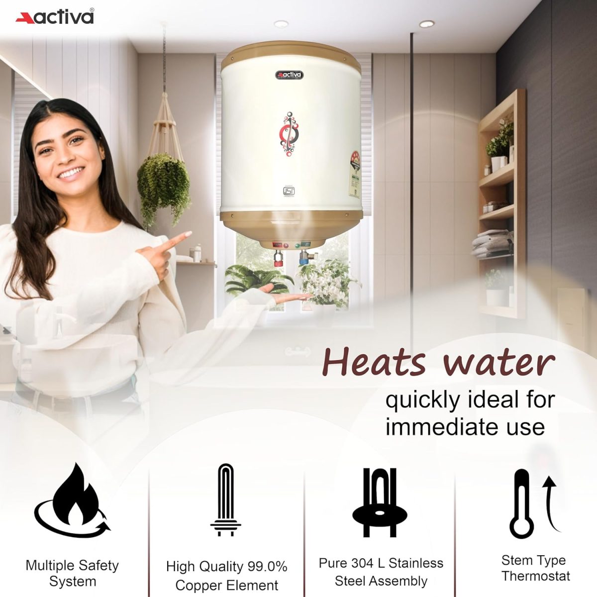 Activa Amazon 10 Liter Water Heater Geyser, ISI Copper Element 3 KVA (0.8mm), Instant Heat Water, Anti Rust Coated Tank, ABS Body, BEE 5 Start Rated, Energy Efficient, 5 Year Warranty - IVORY - Image 3
