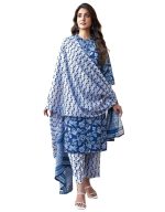 SKYLEE Women's Cotton Blend Printed, Foil Printed and Gota Lace Straight Kurta with Pant & Dupatta