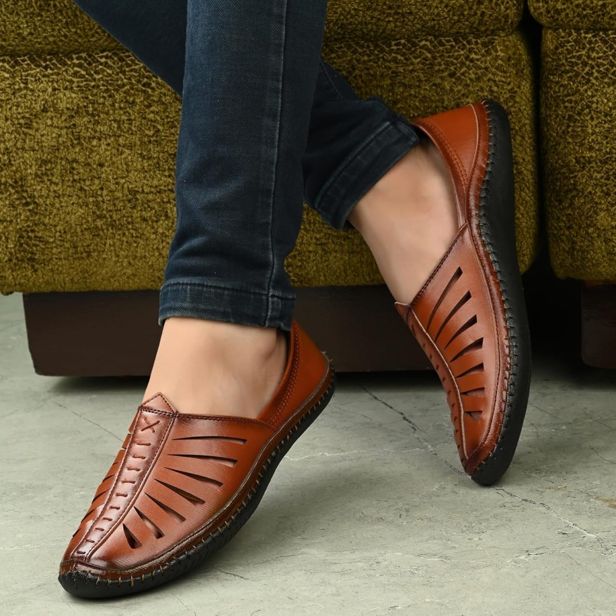 Karaddi 5082 Men's Loafer Stylish Ethnic Peshawari Nagra Mojadi Sherwani Sandals Wedding Latest Kolhapuri Brown Tan Black Shoes for Men - Image 2