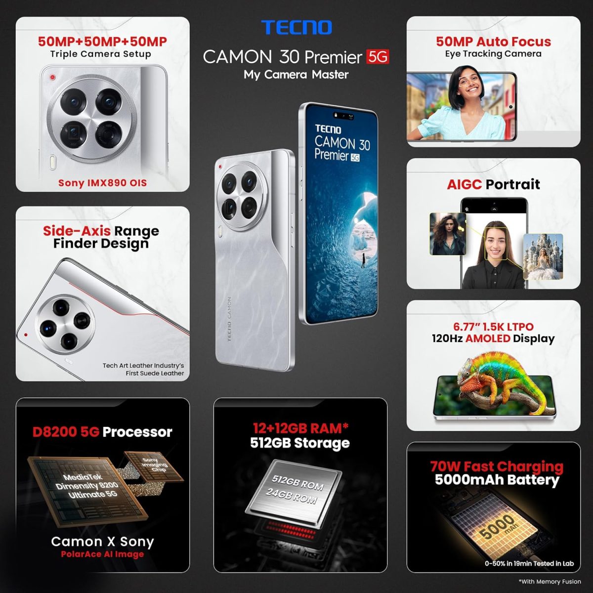 Tecno CAMON 30 Premier 5G (Snowy Silver, 12GB+512GB) | 50 MP Camera | 6.77" LTPO AMOLED Display | MediaTek Dimensity 8200 | 5000mAh Battary + 70W Charger| PolarAce Image Processor - Image 2