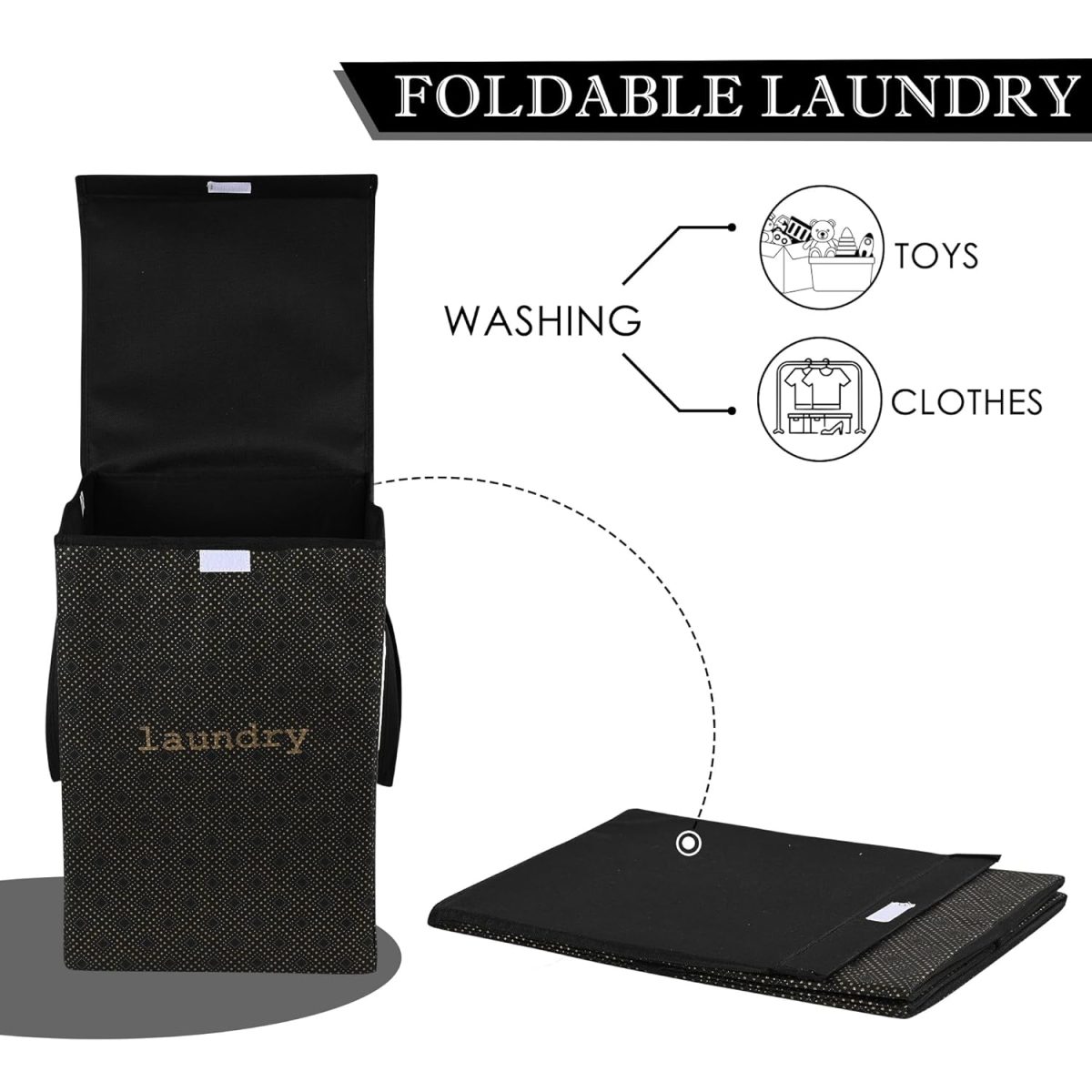Kuber Industries Non Woven Clothes Basket (75 Ltr) Toy Storage Box | Foldable Laundry Bag | Lid & Handles | Clothes Dress Bin | Washing Cloth Basket | Golden Dot | Dhakkan Box | Black, 370 Mm, 530 Mm - Image 6