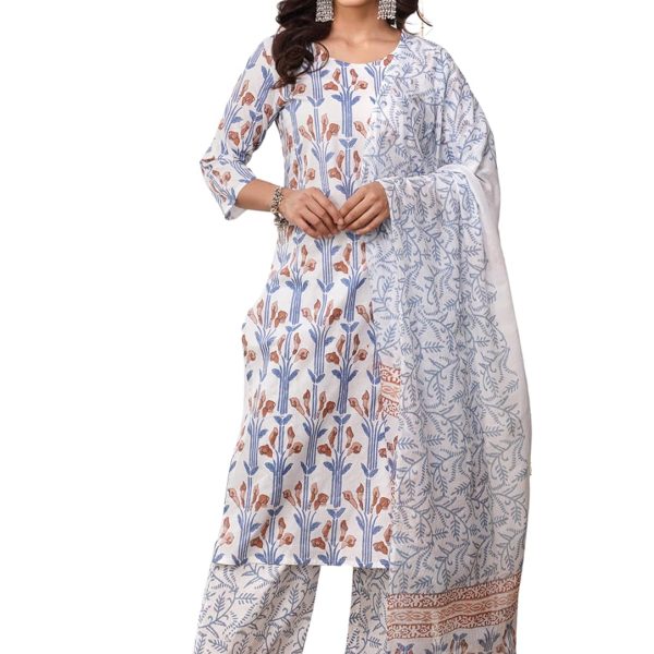 rytras Women's Cotton Straight Kurta Set with Palazzo Pants & Dupatta