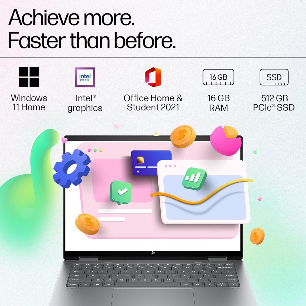 HP Envy x360, Intel Core Ultra 7-155U AI Laptop (16GB RAM, 512GB SSD) Touchscreen 2-in-1, IPS, WUXGA, 14"/35.6cm, Win 11, MS Office 2021, Silver, 1.39Kg, Integrated Graphics, 5MP IR Camera, fc0106TU - Image 4
