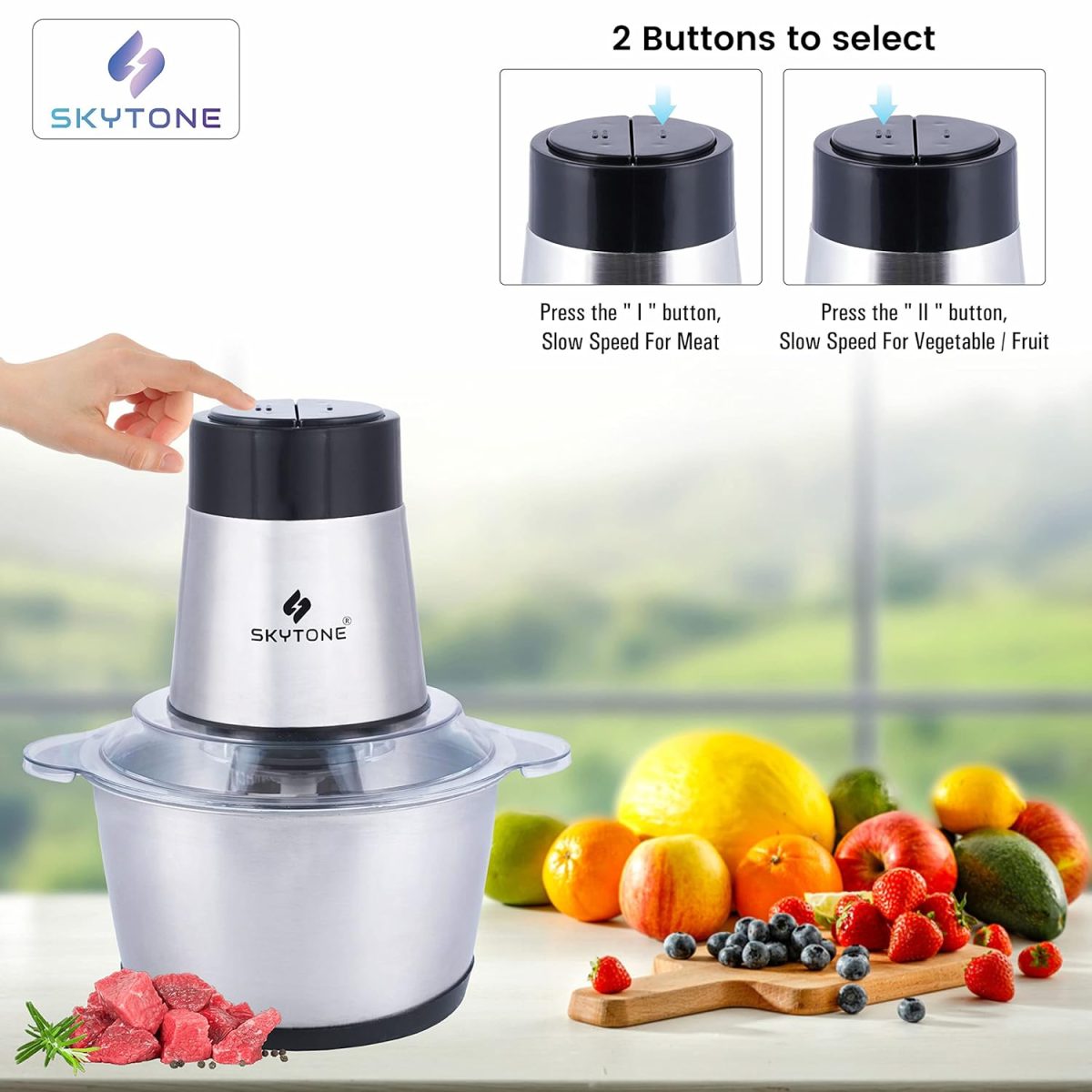SKYTONE Electric Chopper, Meat Chopper With Stainless Steel Bowl Heavy 700W Motor - 2 Speed Modes For Kitchen Food Processor, Meat, Vegetables, Onion, Mince (Electric, 2 Liter) - Image 3