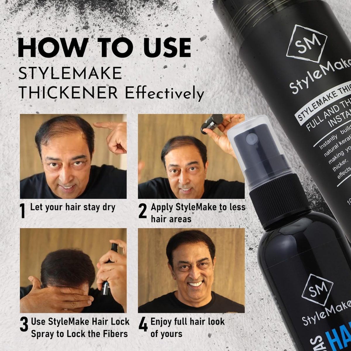 StyleMake Thickener Hair Fiber Black 28g + Fibre Lock Spray 100ml — The Ultimate Duo for Instant Volume & Fuller Look for Men & Women (Black 28g + Spray 100ml) - Image 4