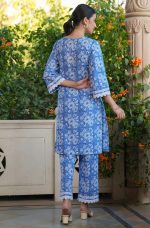 Janasya Women's Blue Pure Cotton Floral Printed Straight Co-ord Set - Image 4