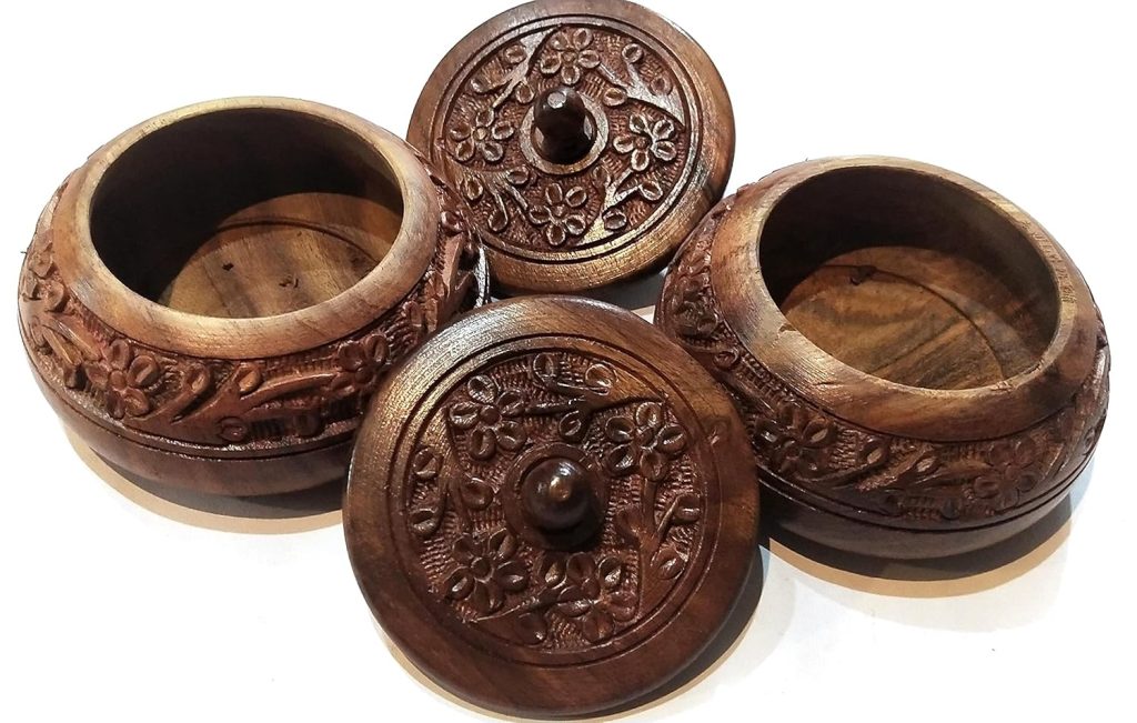 Master Arts Wooden Sindur Dabbi Box for Women - Kumkum Box (Pack of 2), Size 3.5 inch, Shisham Wood Carving Work