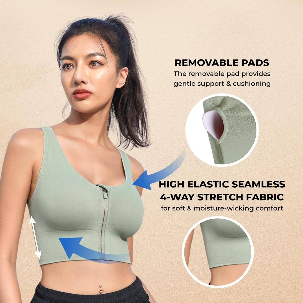 PLUMBURY Polyamide Women's Seamless Padded High Support Front Zip Cross Back Sports Bra - Image 3