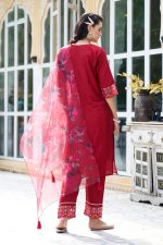 VredeVogel Women's Cotton Silk Embroidered Kurta with Pant & Organza Dupatta Set - Image 5