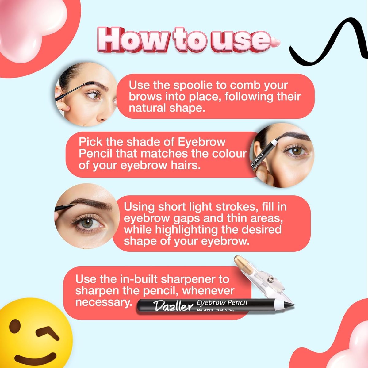 Dazller Eyebrow Pencil with Sharpener|Water-Resistant|Long Stay|Creamy Wax Formula|Infused with Carnauba & Castor Oil|Brown-1|Pack of 6|9g - Image 5
