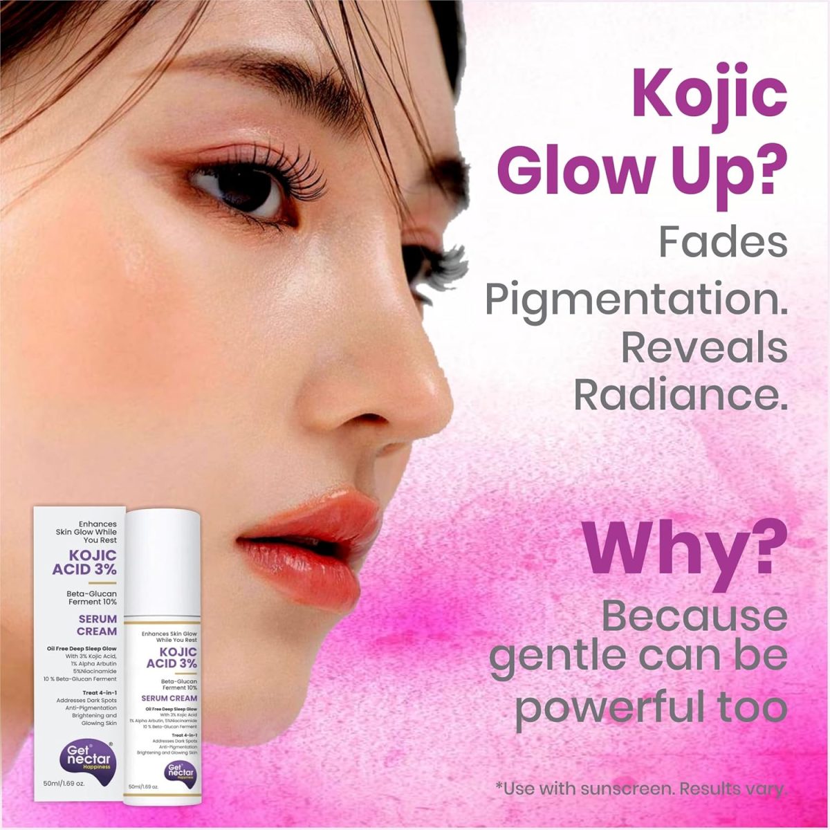 Get Nectar Happiness Glow Serum Cream with 3% Kojic Acid 5% Niacinamide 1% Alpha Arbutin & 25% Beta-Glucan for Dark Spots, Anti-Pigmentation, Brightening, Glowing Skin 50ml - Image 5