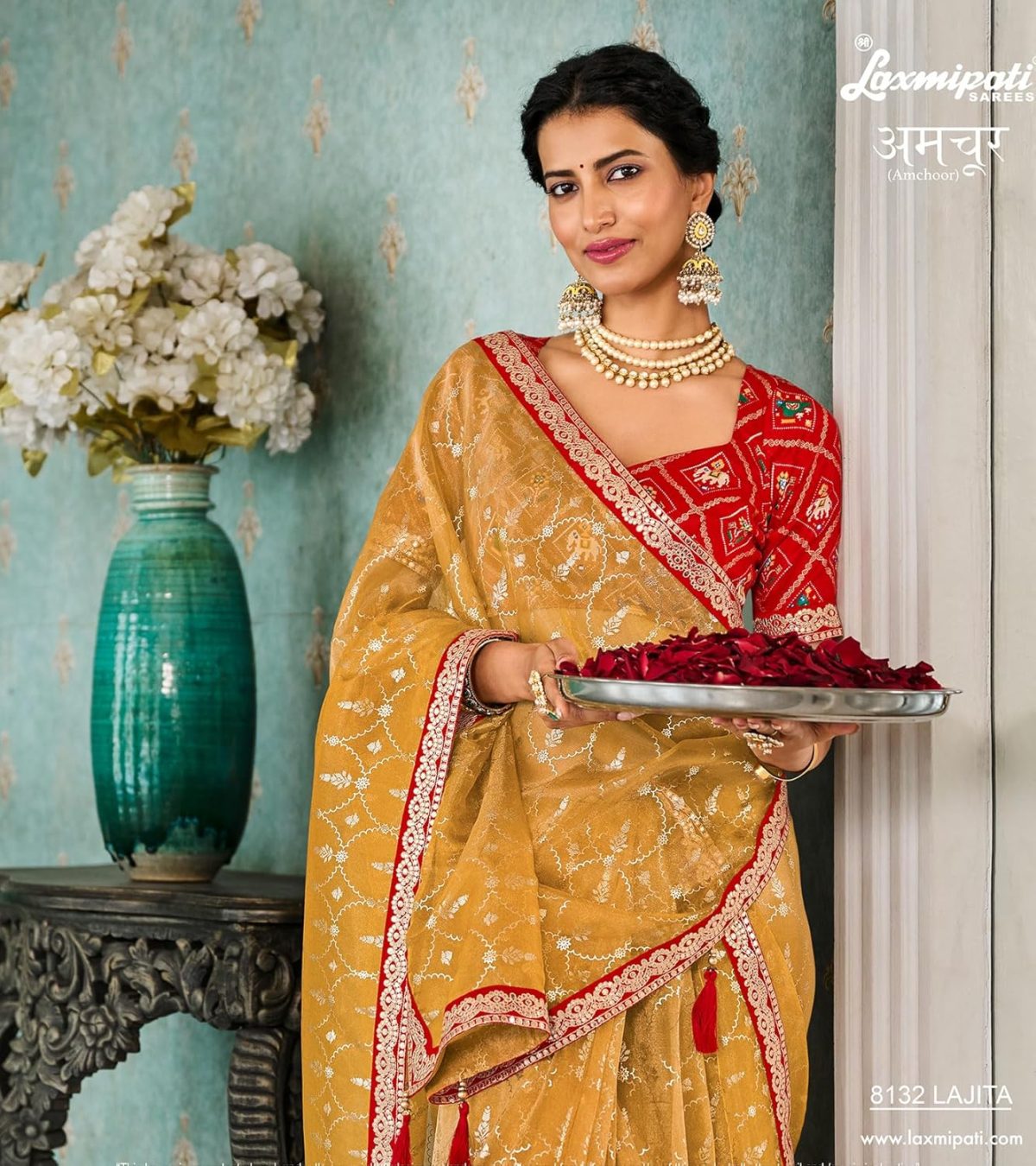 Laxmipati Sarees Women's Plain Organza Saree (8132_Mustard) - Image 3