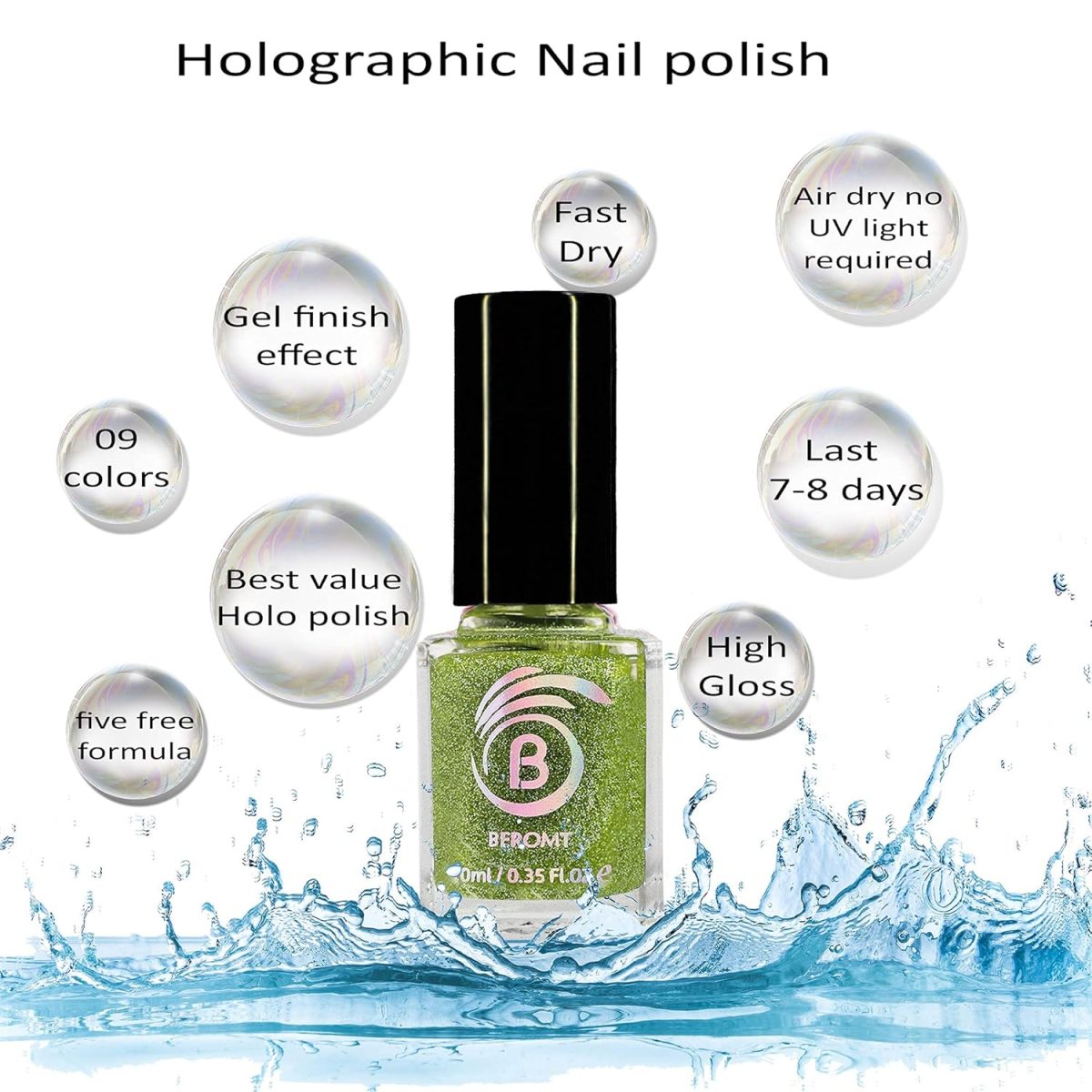 Beromt Kiwi Smoothie Holographic Nail Polish, Glitter Nail Paint, Nail Art, Colors, Gel Effect Nail Polish, Best Nail Polish, High-Shine Long Lasting Non-Toxic Professional Nail Polish, 10ml-523 - Image 3