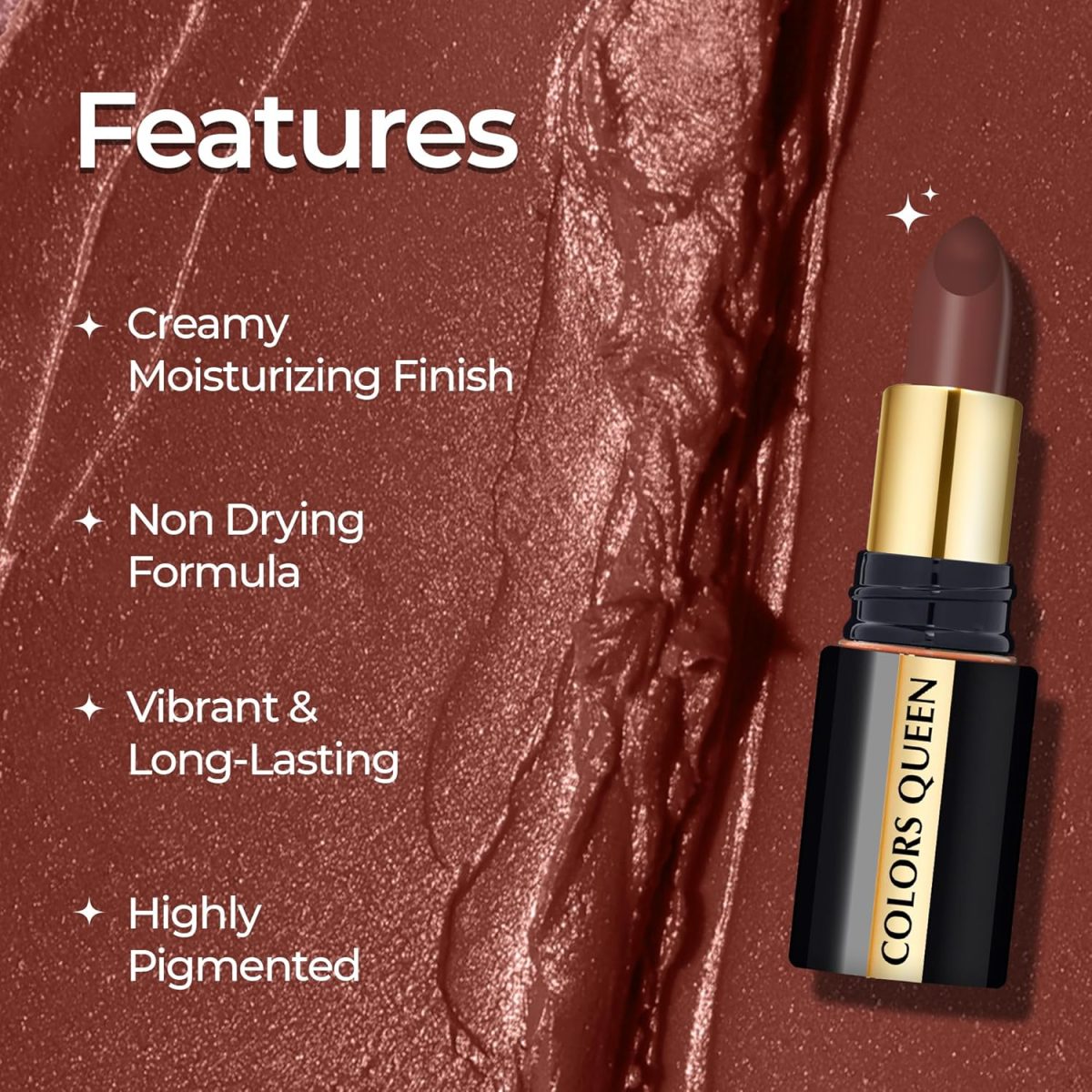 Colors Queen Luxury Matte Non Transfer Lipstick - 16 Coffee Commando, 4g | Highly Pigmented, Single Stroke Application, Ultra Matte Long Lasting | Smudge Proof & Waterproof Lipstick for Women - Image 4