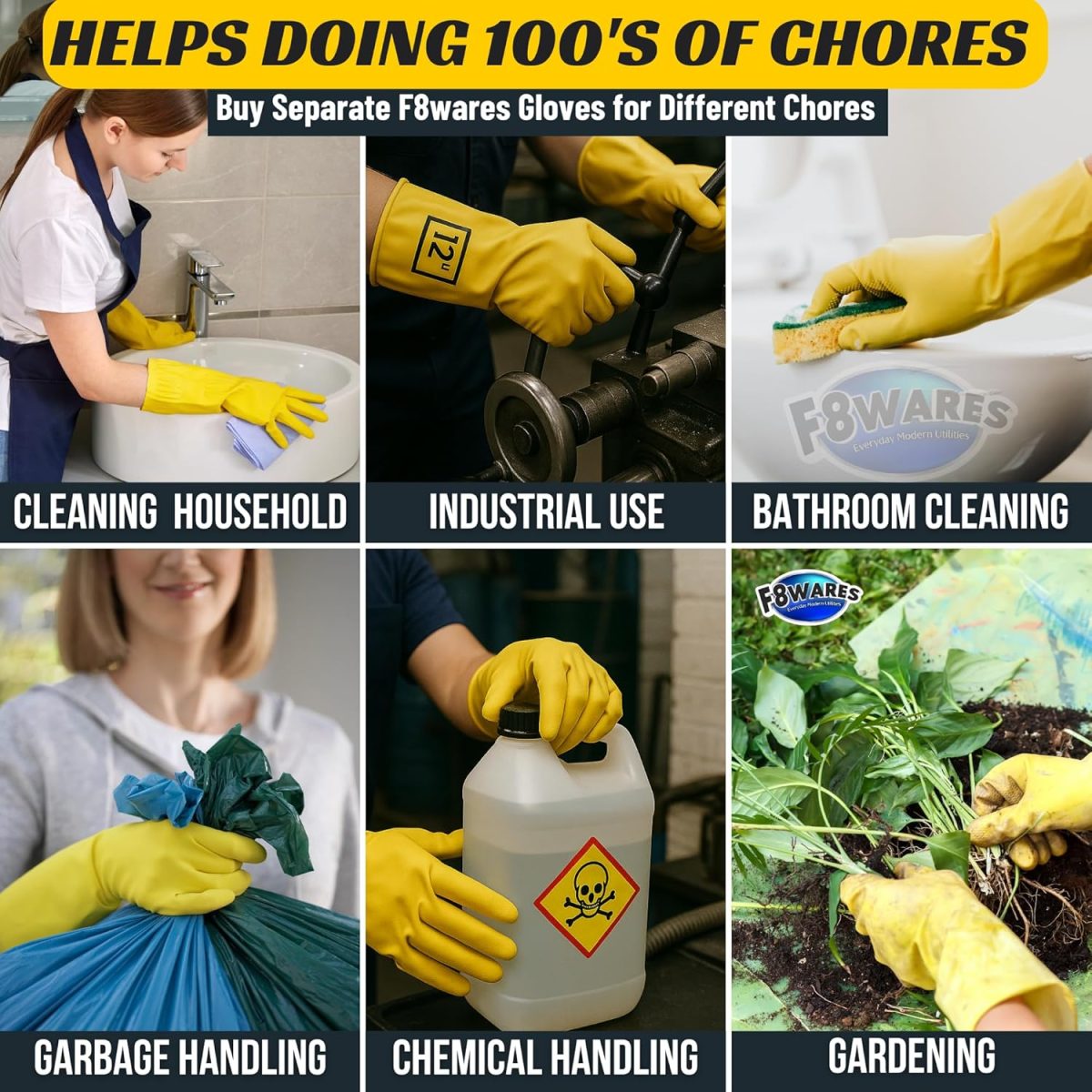 F8WARES All Purpose Heavy duty Rubber Hand Gloves for Cleaning, Kitchen, Washing Utensils, Gardening, Industrial, Safety, Construction & More - Waterproof Bathroom & Toilet Gloves 1 Pair Yellow - Image 5