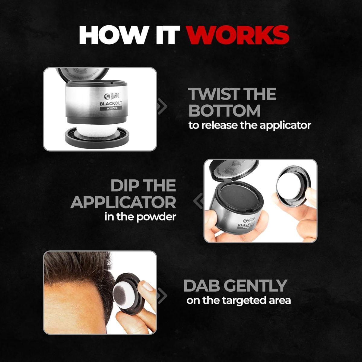 Beardo Blackout Hair Powder 4g - Black | Root Touch Up for Grey Hair | Instantly Covers Grey Roots, Beard Patches & Bald Spots | Thick Black Fiber Hairline Powder | Highly Pigmented, Long-Lasting & Matte Finish | Super-Fine Cover-up - Image 4