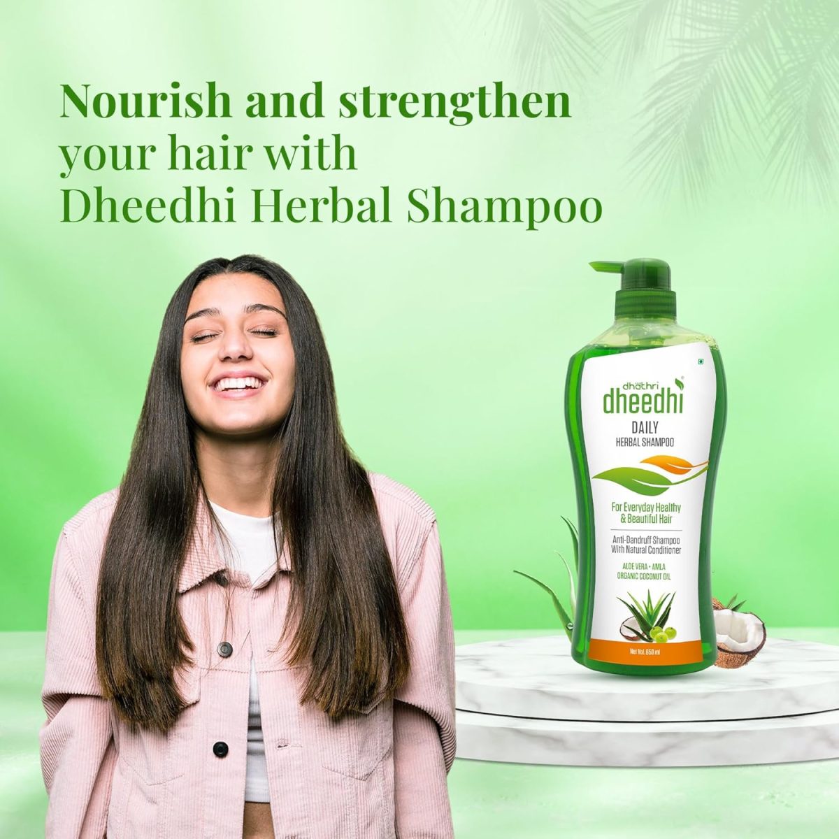Dhathri Dheedhi Daily Herbal Shampoo to Reduce Dandruff & Promote Hair Growth, Ayurvedic Shampoo to Restore Hair Shine & Strength (650ml) - Image 3