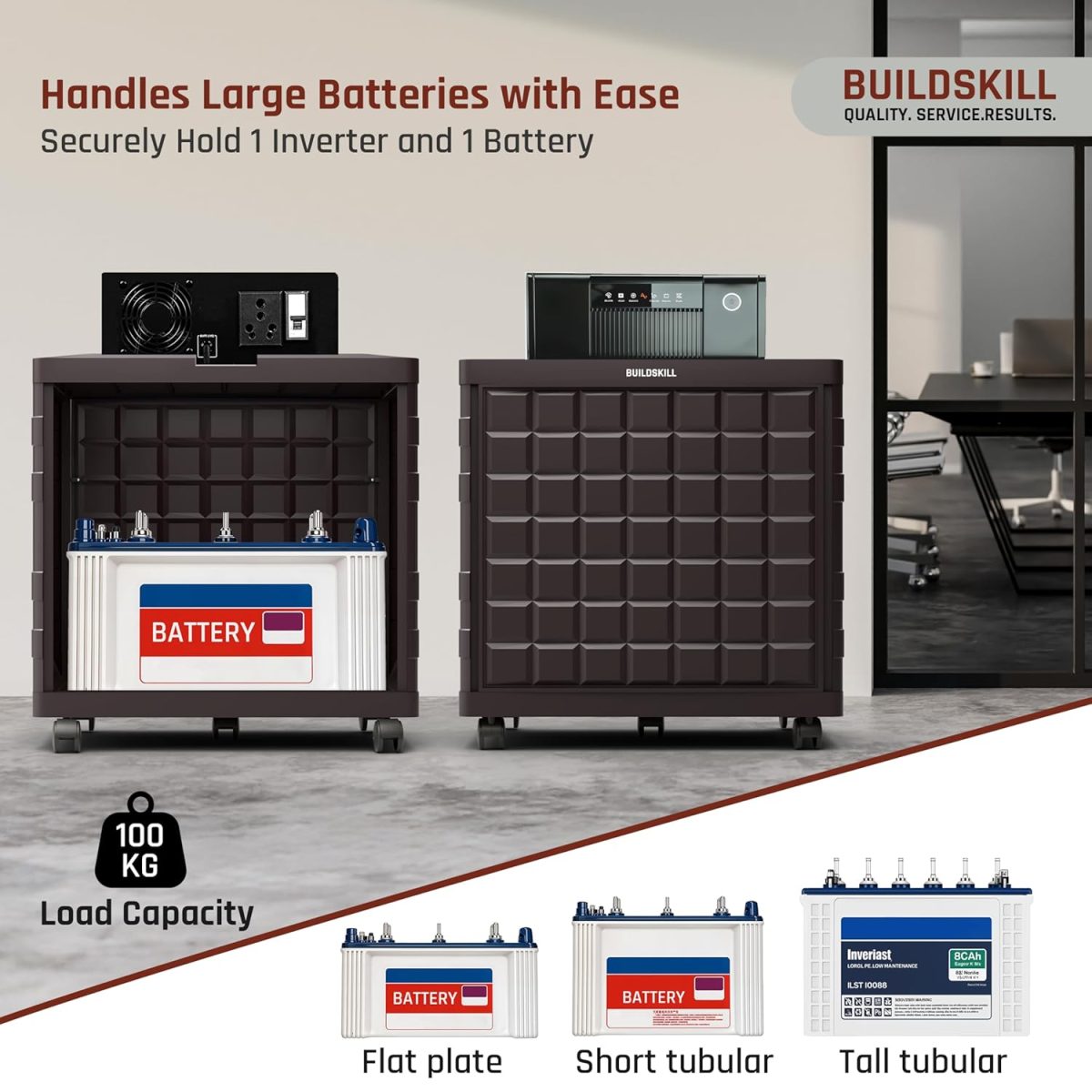 BUILDSKILL 100Kg Load Capacity Inverter Trolley for Home | 360° Rotating 5 Wheels | Easy Assembly Inverter Stand | Large Size Inverter Battery Stand for Home | Strong Build Inverter Box (Brown) - Image 3