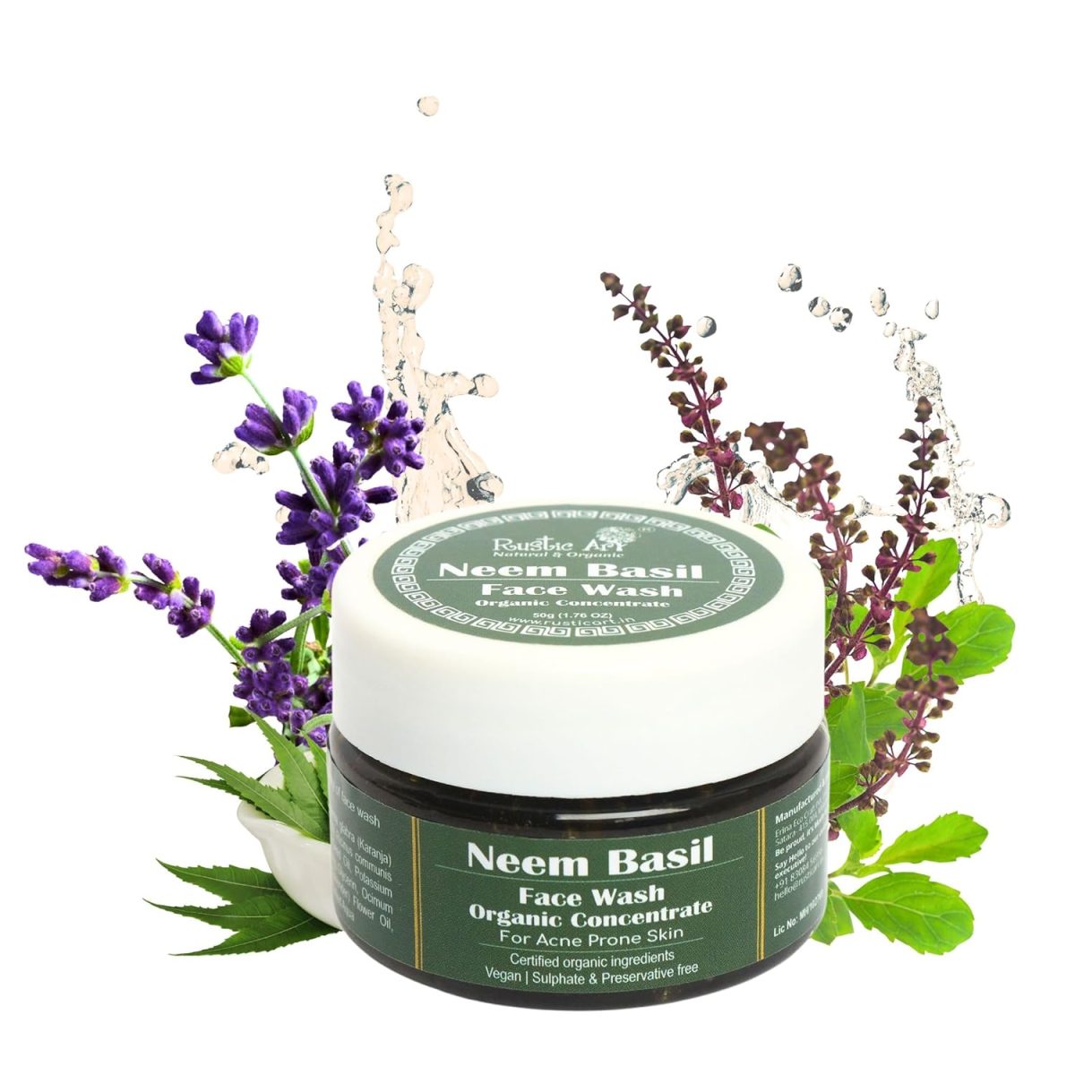 Rustic Art Organic Neem Basil Face Wash Concentrate | Anti acne (pimples), sulphate, paraben free cleanser for women & men | Suitable for teenagers | 50g (Pack of 1) - Image 2