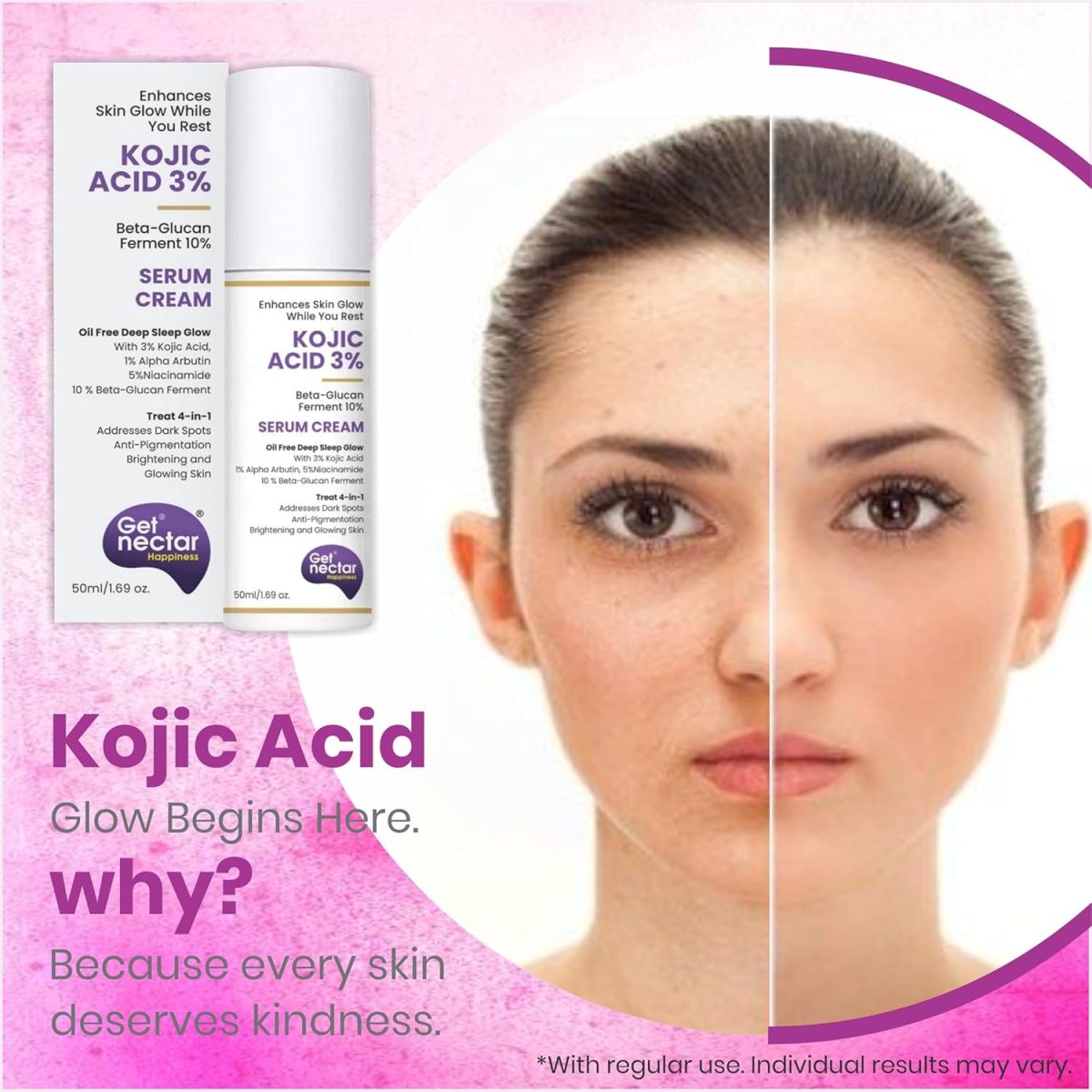 Get Nectar Happiness Glow Serum Cream with 3% Kojic Acid 5% Niacinamide 1% Alpha Arbutin & 25% Beta-Glucan for Dark Spots, Anti-Pigmentation, Brightening, Glowing Skin 50ml - Image 3