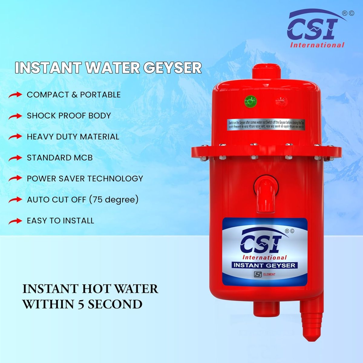 CSI INTERNATIONAL Instant Water Geyser, 1 L Portable Water Heater, Made Of First Class Abs Plastic 3Kw, Auto Cut Off Feature (Red) - Image 6