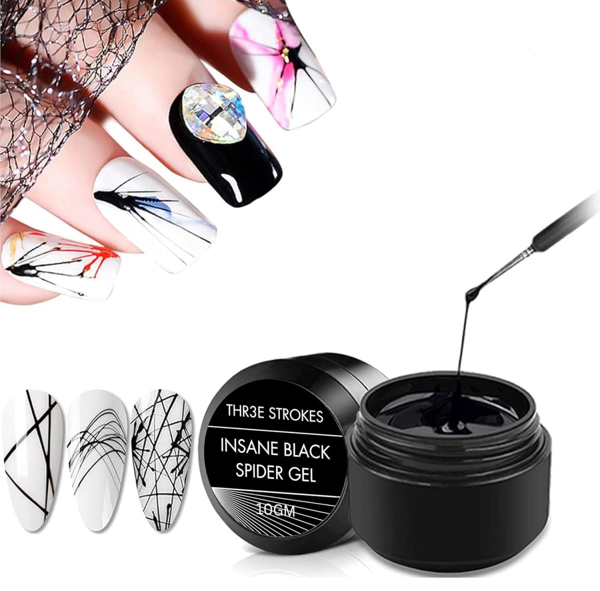 THR3E STROKES Black Spider Gel Polish Kit Nail Spider Gel Paint For Nail Art Polish Thin Brush Spider Nail Gel Art Paint For Nails Uv Led Nail Polish Drawing Painting Black White Gel Nail Polish Kit (BLACK)