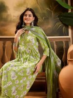 EthnicJunction Women's Pure Cotton Floral Print Office Wear Straight Kurta Pant with Dupatta Set - Image 2