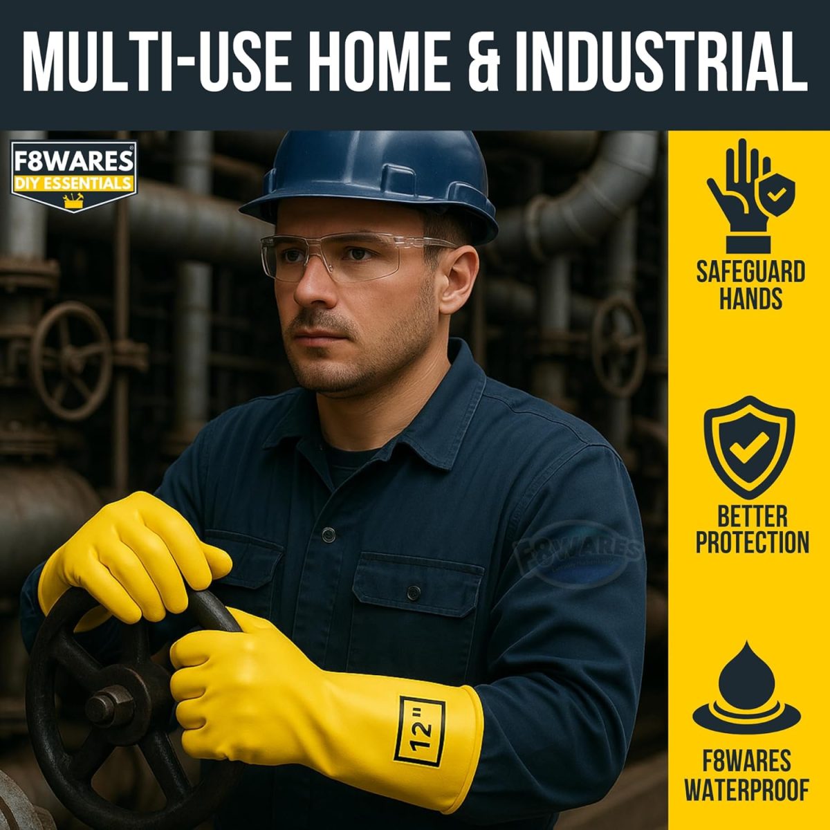 F8WARES All Purpose Heavy duty Rubber Hand Gloves for Cleaning, Kitchen, Washing Utensils, Gardening, Industrial, Safety, Construction & More - Waterproof Bathroom & Toilet Gloves 1 Pair Yellow - Image 4