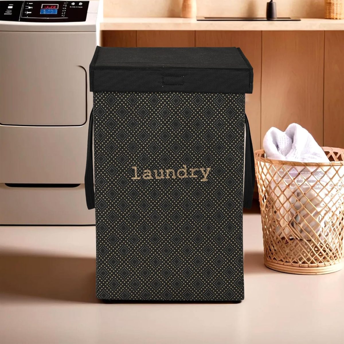 Kuber Industries Non Woven Clothes Basket (75 Ltr) Toy Storage Box | Foldable Laundry Bag | Lid & Handles | Clothes Dress Bin | Washing Cloth Basket | Golden Dot | Dhakkan Box | Black, 370 Mm, 530 Mm