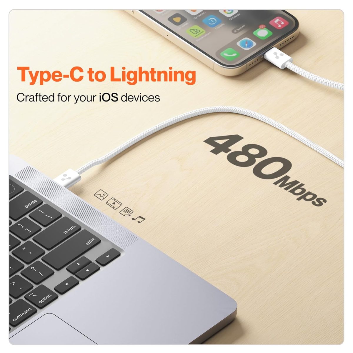 Ambrane Type-C to Lightning Cable, 22.5W Fast Charging Cable Compatible with iPhone 14, 13, 12,11, X, 8, 7, 6, 5, Pro,Max, iPad, Macbook, iMac, AirPods, Supports CarPlay, 1.2m (ABTL-Q12, White) - Image 5