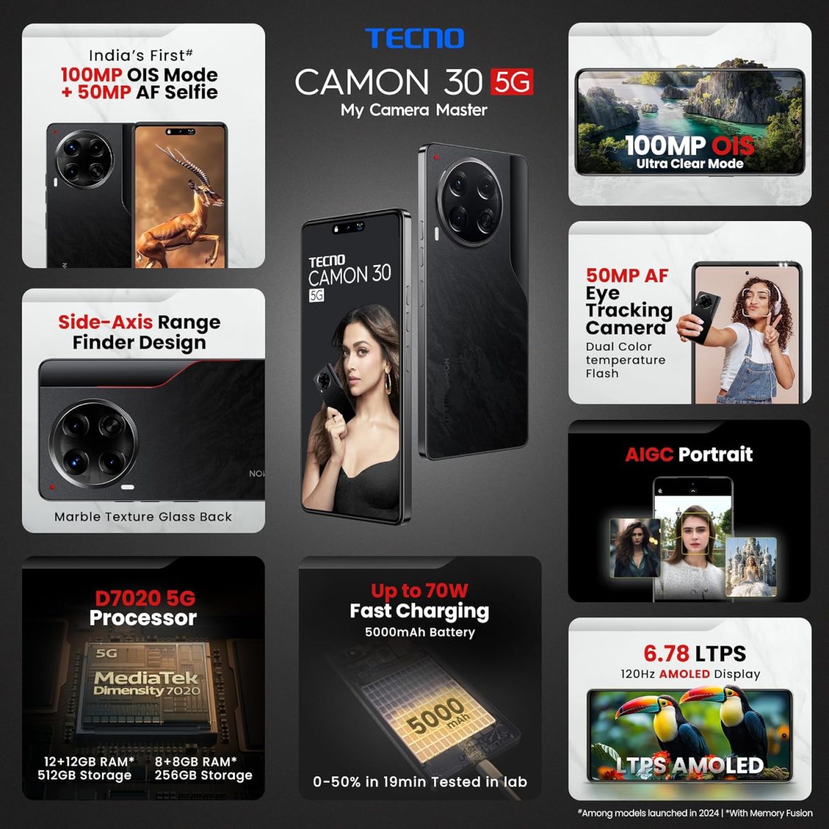 Tecno CAMON 30 5G (Basaltic Dark, 12GB+512GB) | 100MP OIS Camera + 50MP Auto Focus Selfie | 6.78" LTPS AMOLED Display | MediaTek Dimensity 7020 | 5000mAh Battery & 70W Charger - Image 2