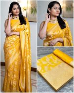 Women's Banarasi Soft Lichi Silk Saree - Yellow | Beautiful Rich Pallu & JACQUARD Work Saree [Unstitched Blouse Piece] - Image 9