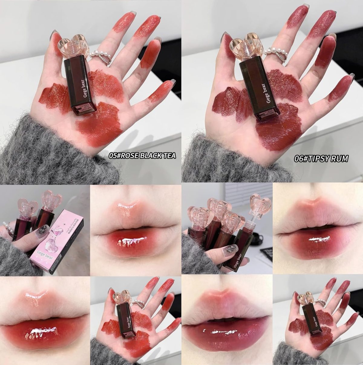 Gege Bear Sweetheart Lip Glaze | 6 Glossy Lip Colors with Heart-Shaped Cap | Korean Style Translucent Lip Gloss for Women | Lightweight Lip Tint with Moisturizing Formula | Lipstick Combo for Girls | Non-Sticky Glossy Finish (05#ROSE BLACK TEA (Rose), 3g) - Image 5