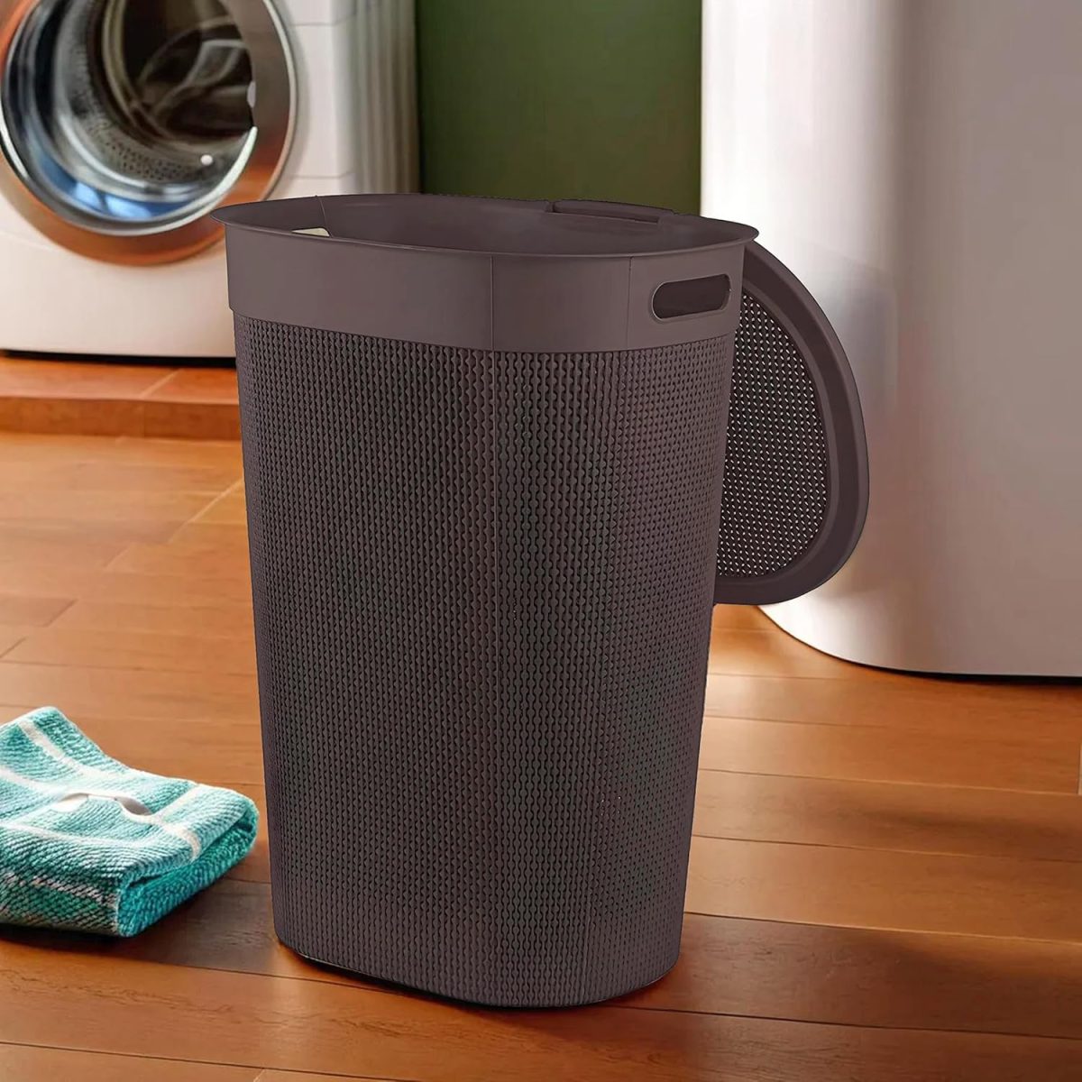 Kuber Industries Plastic Big Large Multipurpose 55 Ltr Washing Clothes Storage Basket with Lid & Handle | Waste Clothes Laundry Basket/Hamper Bins for Blankets, Toys, Bathroom & Bedroom | Brown - Image 2