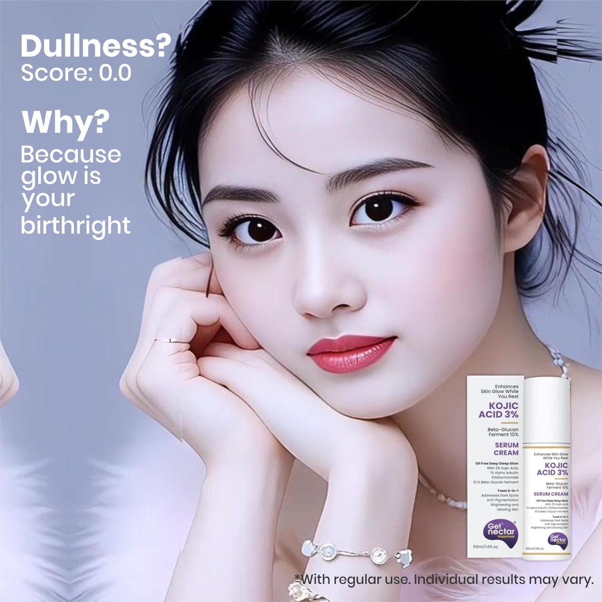 Get Nectar Happiness Glow Serum Cream with 3% Kojic Acid 5% Niacinamide 1% Alpha Arbutin & 25% Beta-Glucan for Dark Spots, Anti-Pigmentation, Brightening, Glowing Skin 50ml - Image 8