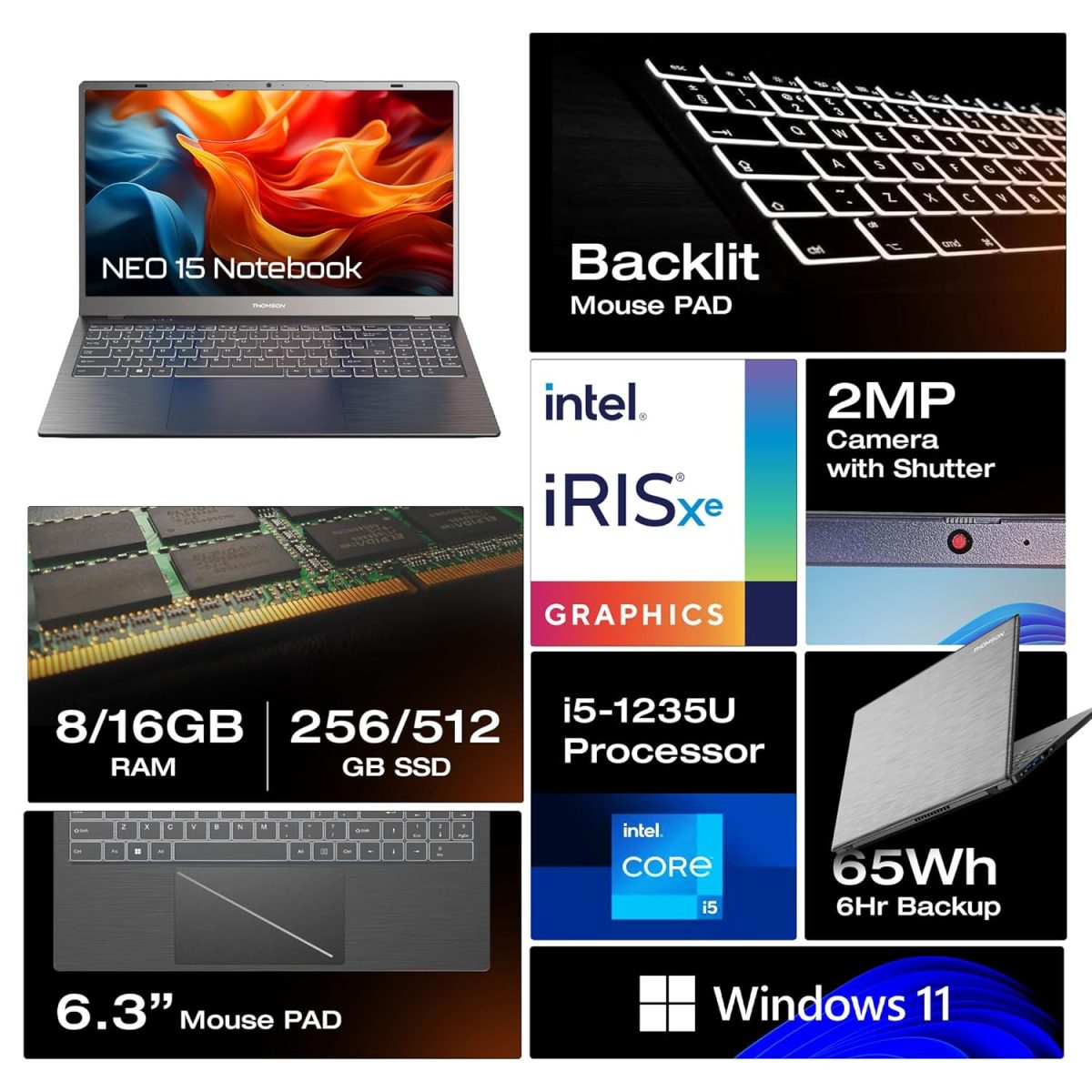 Thomson 15.6 Inches In-N15I HD Display Neo Notebook with Windows 11, Intel Core i5 12Th Gen 1235U & Window 11 - (Backlight Keyboard, 16 GB Ram DDR4, 512 GB SSD, Grey Brush) - Image 6