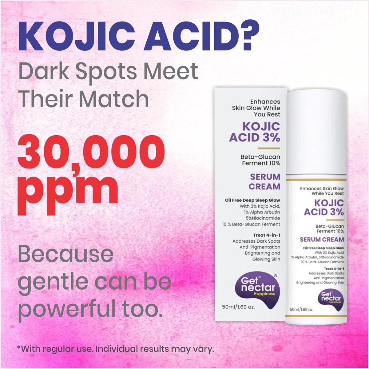 Get Nectar Happiness Glow Serum Cream with 3% Kojic Acid 5% Niacinamide 1% Alpha Arbutin & 25% Beta-Glucan for Dark Spots, Anti-Pigmentation, Brightening, Glowing Skin 50ml - Image 2