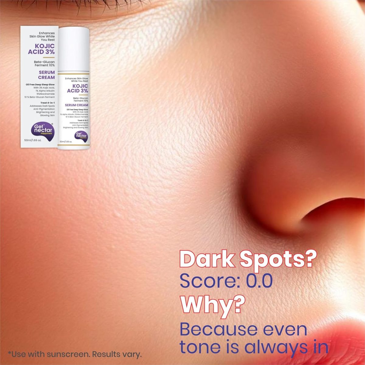 Get Nectar Happiness Glow Serum Cream with 3% Kojic Acid 5% Niacinamide 1% Alpha Arbutin & 25% Beta-Glucan for Dark Spots, Anti-Pigmentation, Brightening, Glowing Skin 50ml - Image 7