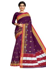 Neyge Women's Handloom Ilkal Pure Cotton Resham Silk Kasuti Saree with Stripe Pallu Running Blouse