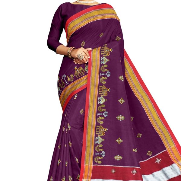 Neyge Women's Handloom Ilkal Pure Cotton Resham Silk Kasuti Saree with Stripe Pallu Running Blouse