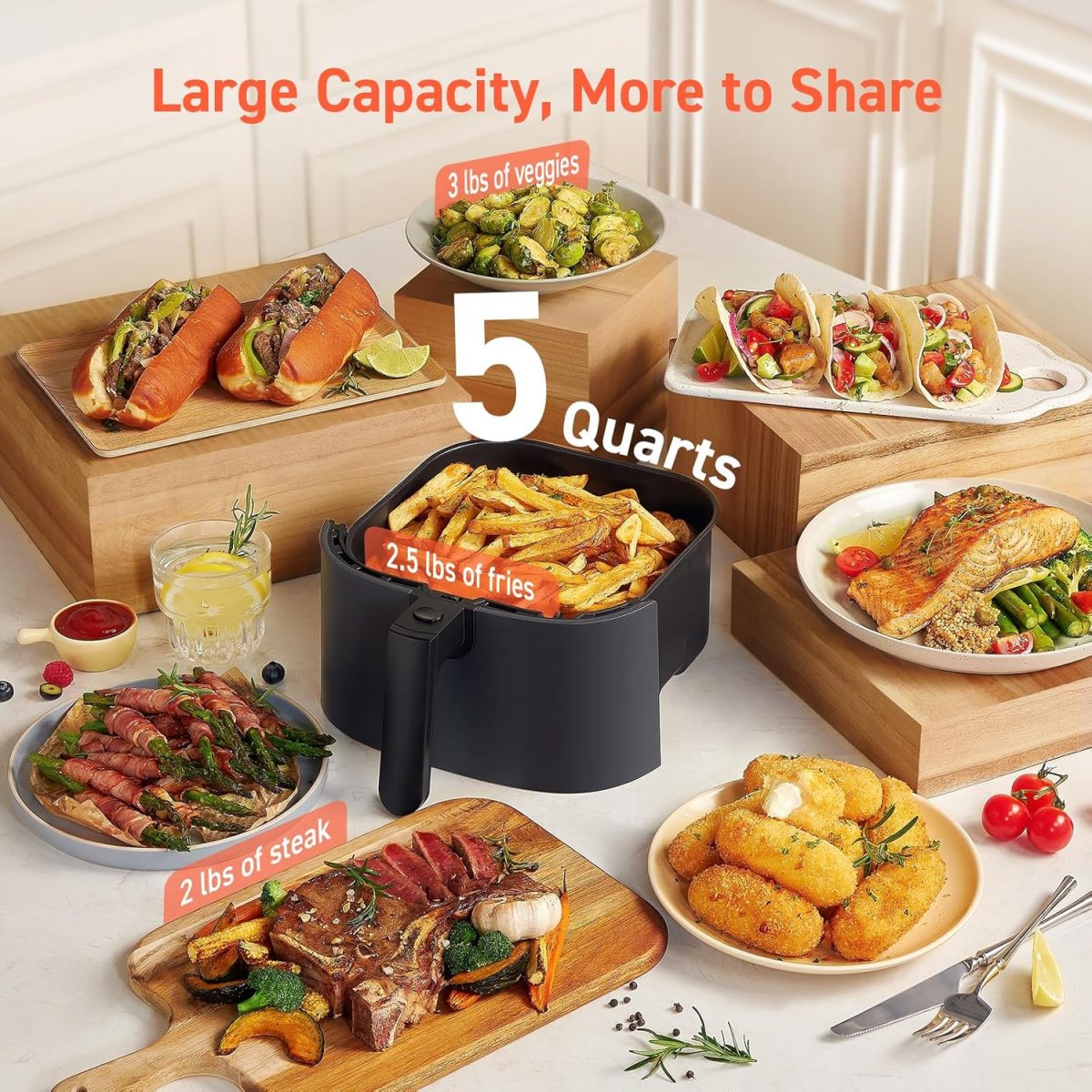 COSORI Air Fryer 5 QT (4.7 Litre) Black, 1500W Fast Cooking 9 Preset Menu, 30 Recipes Cookbook, Grill, Broil, Roast, Toast, Bake, Reheat, Defrost, Digital Touch Panel (CAF-L501) - Image 2