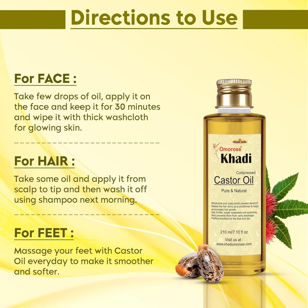 Khadi Omorose Castor Oil | Coldpressed & Hexane Free| Supports Stronger Hair| Hydrates Skin | Healthy Eyelashes Eyebrows, Lips & Nails -210 Ml - Image 4