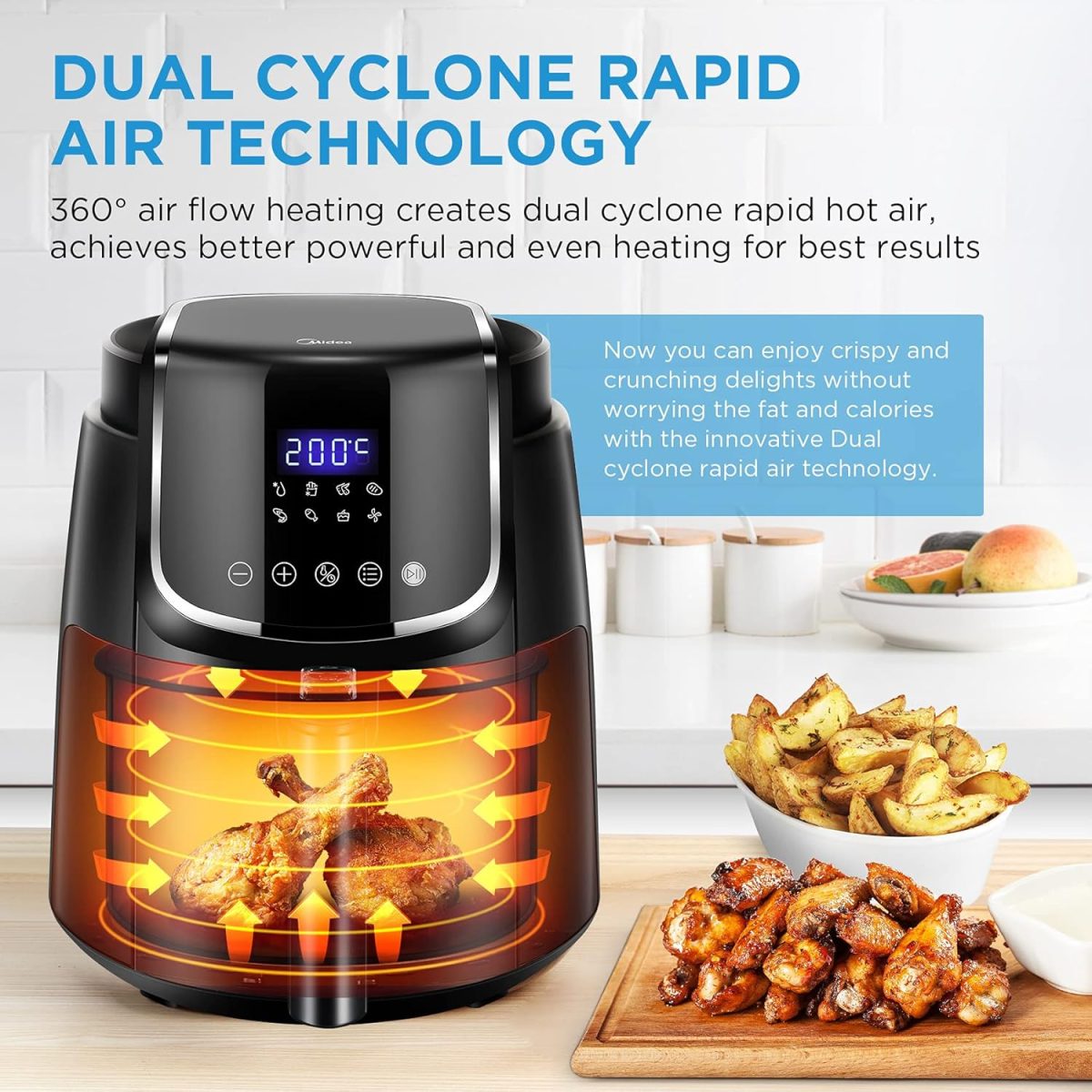 Midea 5L Air Fryer | 1500W Power | Digital display with 8 preset menu settings | Crisp Frying, Grill, Roast, Steam & Bake | Auto Cut-Off | 90% Less Oil | Non Stick Coating & Crisper Basket - Image 6