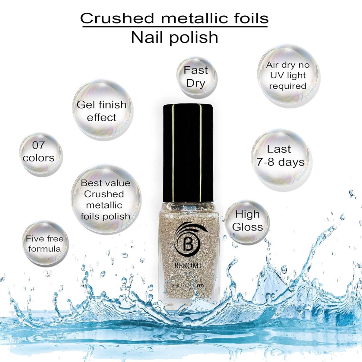 Beromt Angel Aura Crushed Metallic Foils Nail Polish, Glitter Nail Paint, Nail Art, Flakie Polish Colors, Best Gel Effect, High-Shine Long Lasting Non-Toxic Professional Nail Polish, 8ml-01 - Image 3