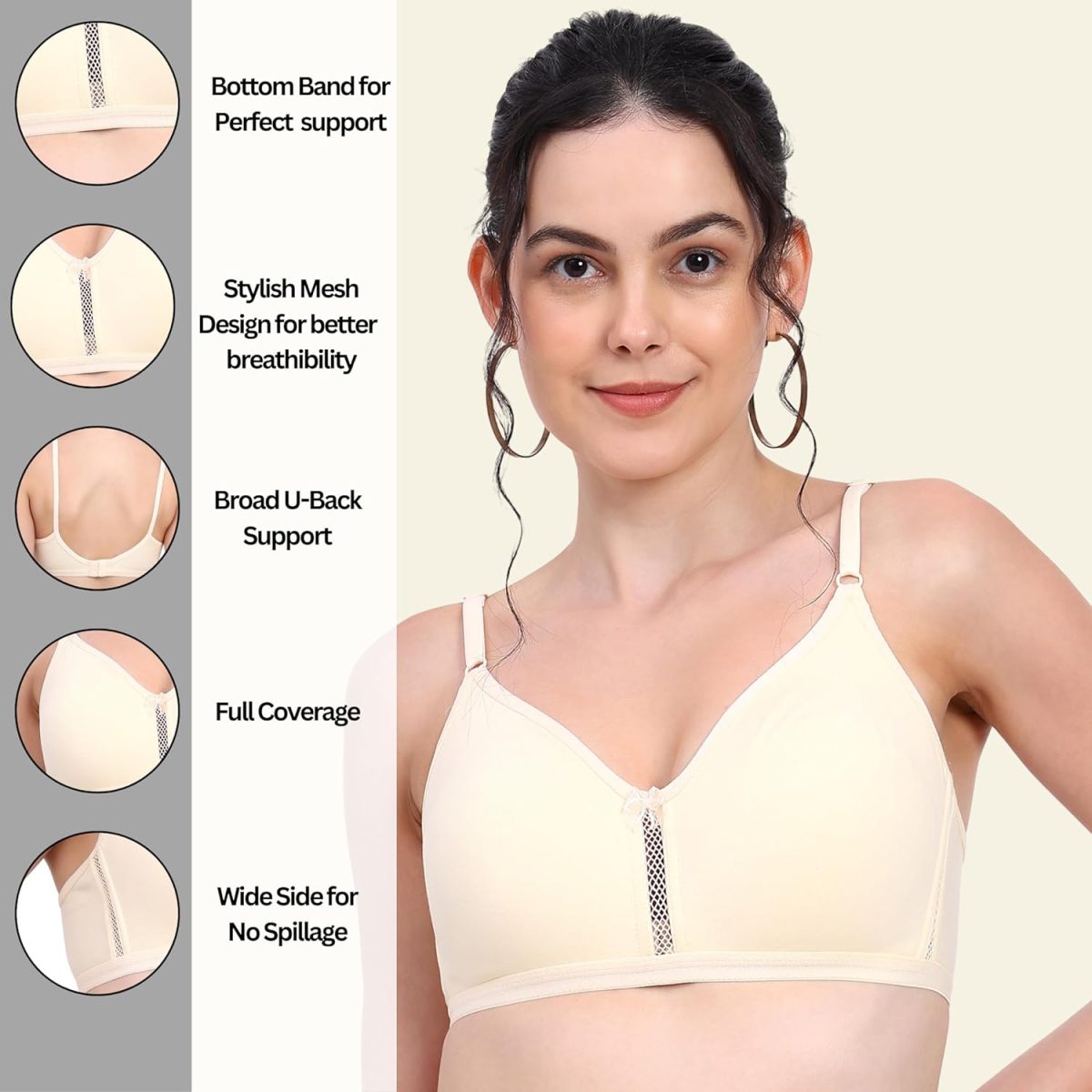 RACOS Women's Cotton Non Padded Wire Free Full Coverage Breathable Adjustable Design Skin White and Pink Color Everyday Bra Combo Set B Cup Pack of 2 - Image 2