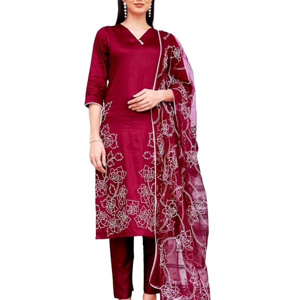 Womanista Women's Cotton Blend Thready Work Kurta Pant With Dupatta Set (Kurtaset_1314)