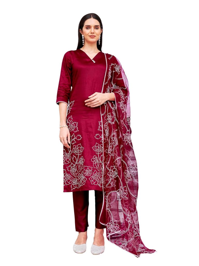 Womanista Women's Cotton Blend Thready Work Kurta Pant With Dupatta Set (Kurtaset_1314)