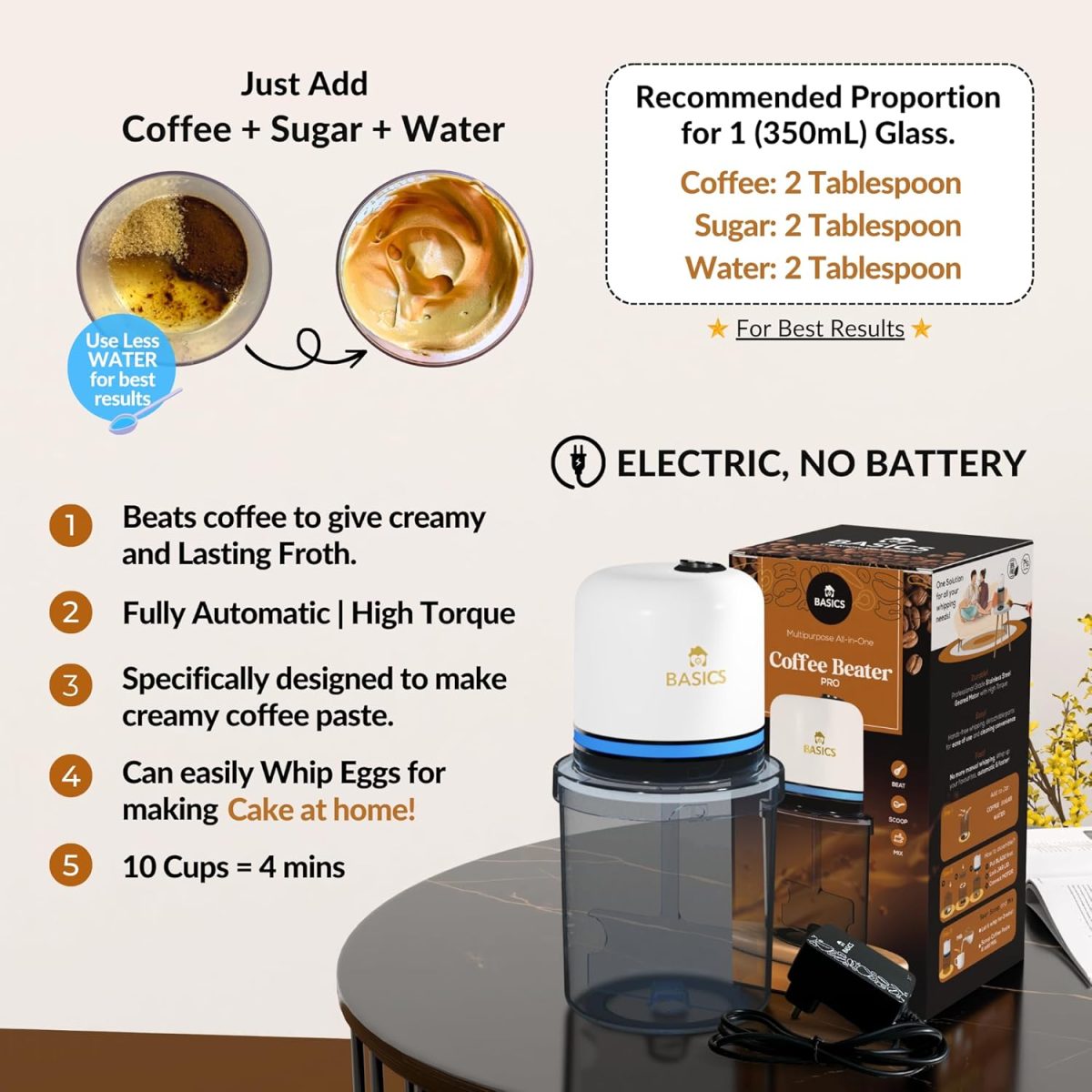 Basics - We Know Your Needs! Coffee Beater Pro - Automatic | Whipped Butter | Egg Beater | Pancake Mixer | Pakoda Batter, Electric 40 W, Brown - Image 4